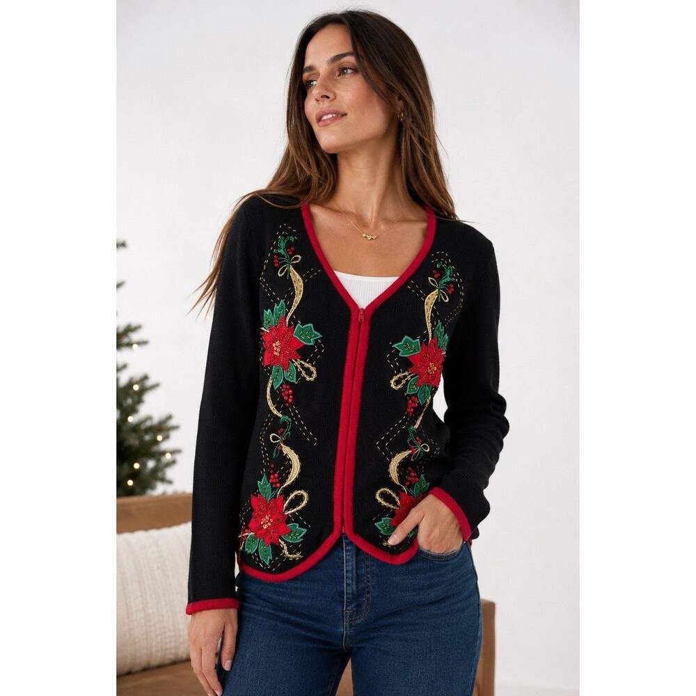Tiara International Christmas Poinsettia Embellished Zip Cardigan Sweater S